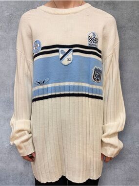 South Pole Cream and Light Blue Crewneck Sweater with Badge Accents